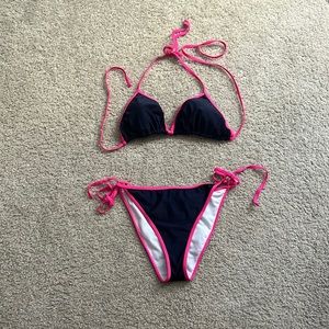 Navy triangle bikini with hot pink trim